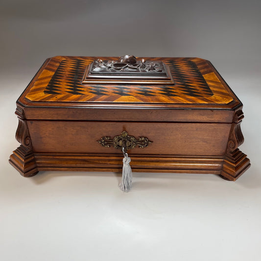 19th Century Inlaid & Carved Continental Jewellery Box