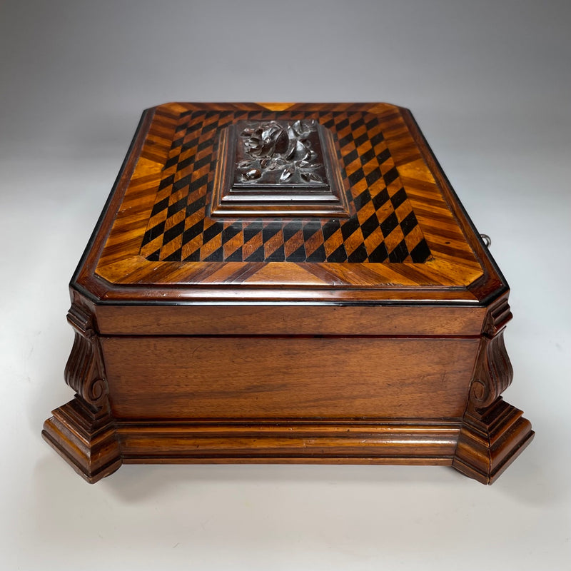 19th Century Inlaid & Carved Continental Jewellery Box