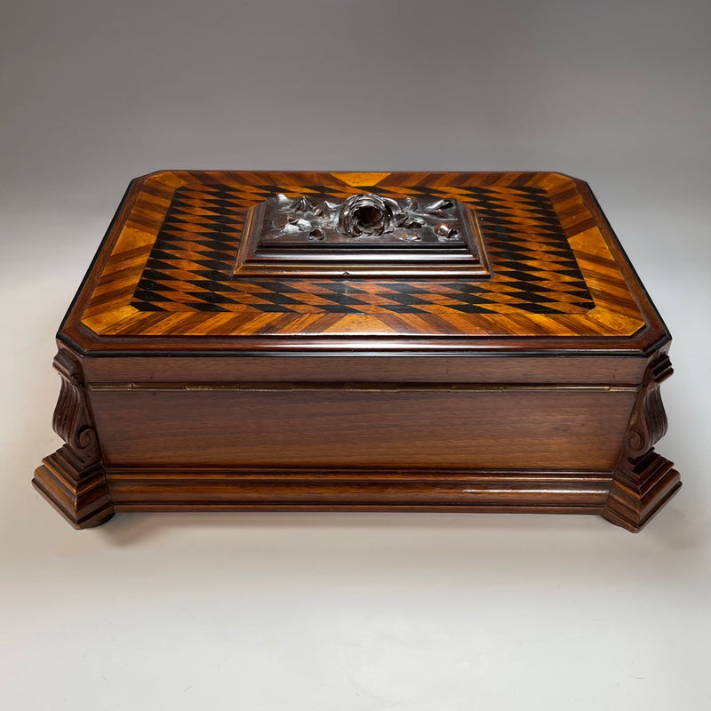 19th Century Inlaid & Carved Continental Jewellery Box