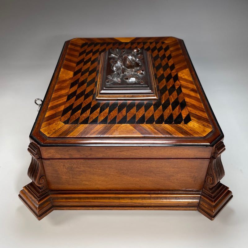 19th Century Inlaid & Carved Continental Jewellery Box