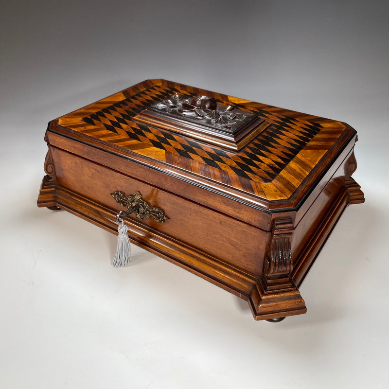 19th Century Inlaid & Carved Continental Jewellery Box