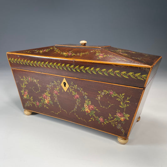 19th Century Mahogany Painted Tea Caddy in the Sheraton Style