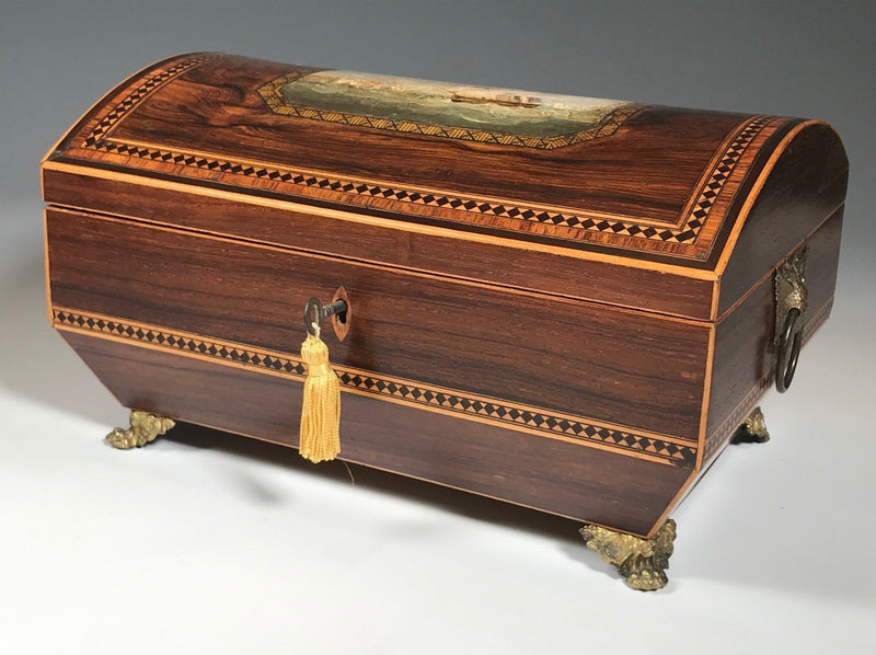 Regency Domed Inlaid Box with Painting of Sailing Ships near Dover