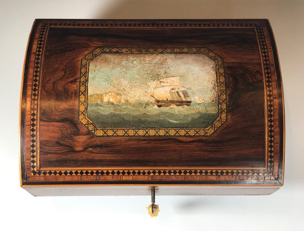 Regency Domed Inlaid Box with Painting of Sailing Ships near Dover