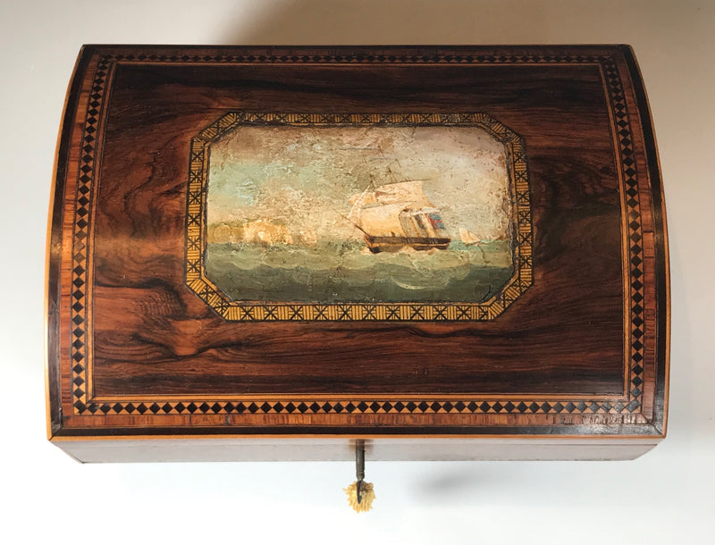 Regency Domed Inlaid Box with Painting of Sailing Ships near Dover