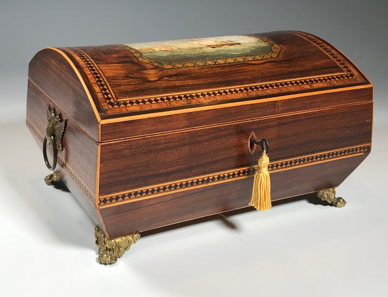 Regency Domed Inlaid Box with Painting of Sailing Ships near Dover