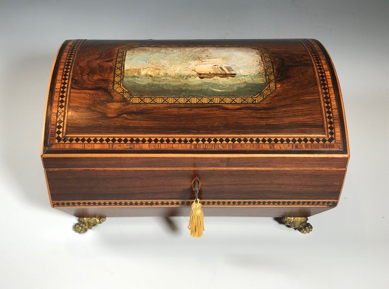 Regency Domed Inlaid Box with Painting of Sailing Ships near Dover