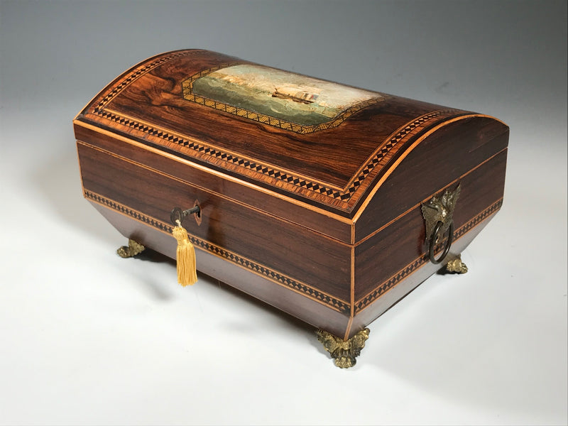 Regency Domed Inlaid Box with Painting of Sailing Ships near Dover