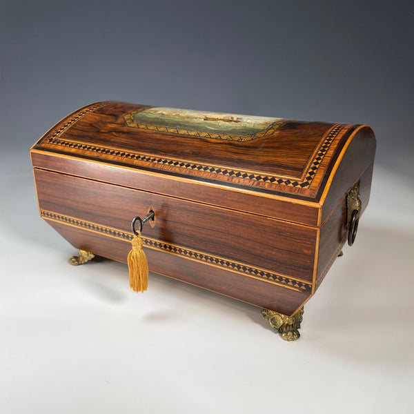 Regency Domed Inlaid Box with Painting of Sailing Ships near Dover