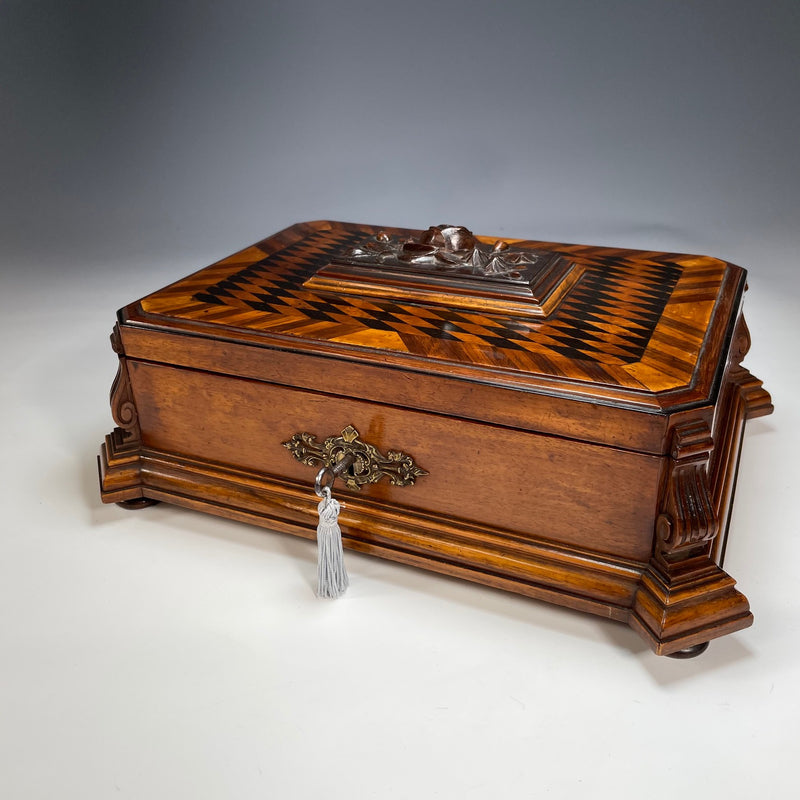 19th Century Inlaid & Carved Continental Jewellery Box