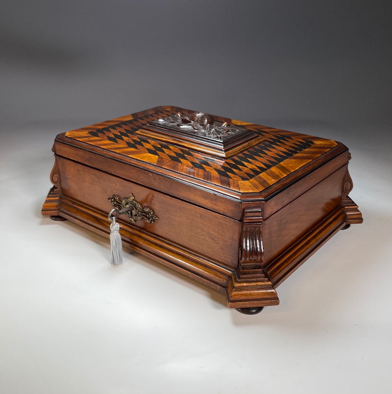 19th Century Inlaid & Carved Continental Jewellery Box