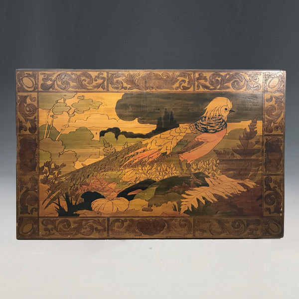 Arts & Crafts Pokerwork Wood Panel of a Pheasant